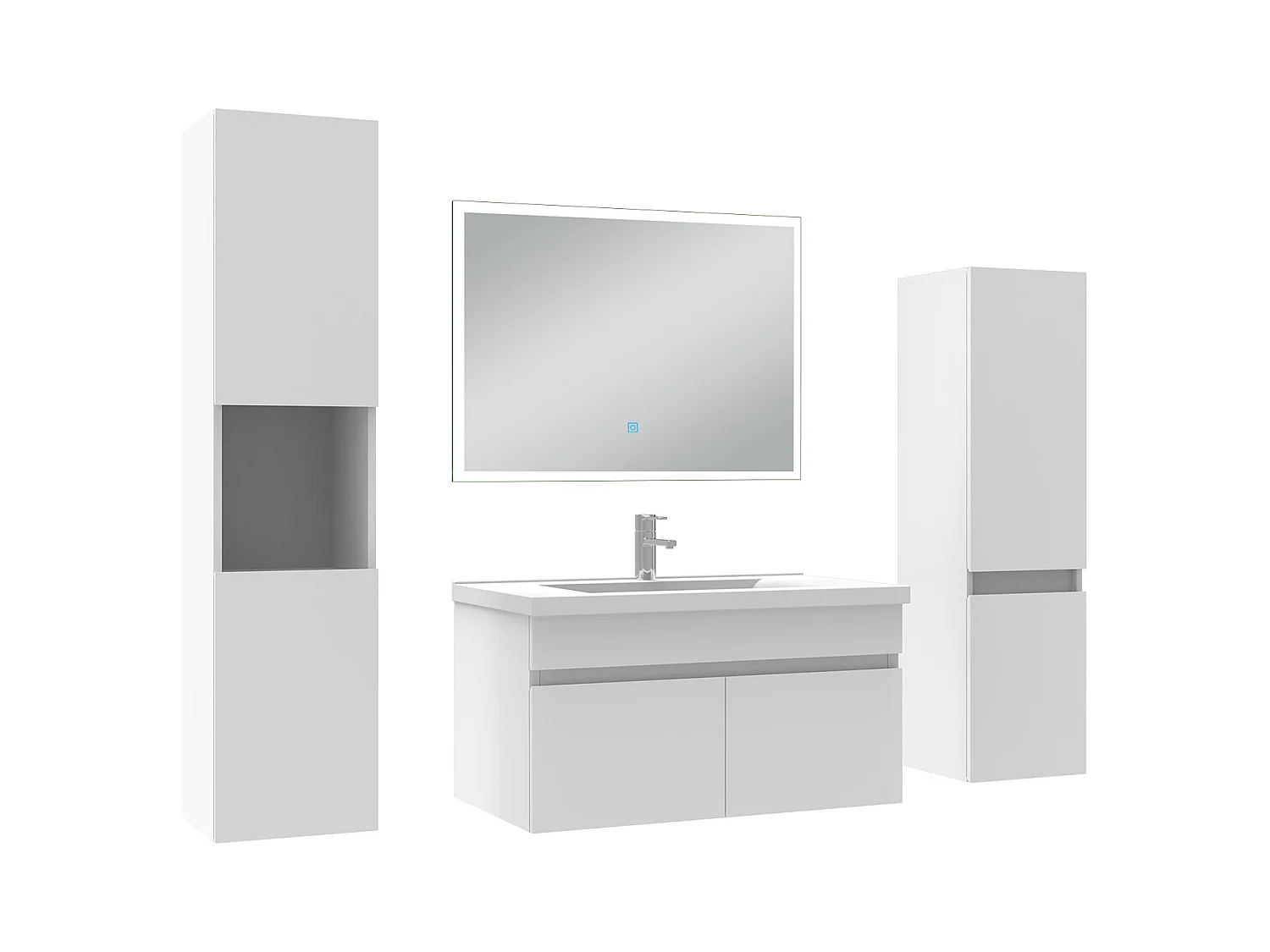 Ensemble meuble Salle de Bain 80cm simple vasque avec colonne + miroir lumineux dimmable blanc