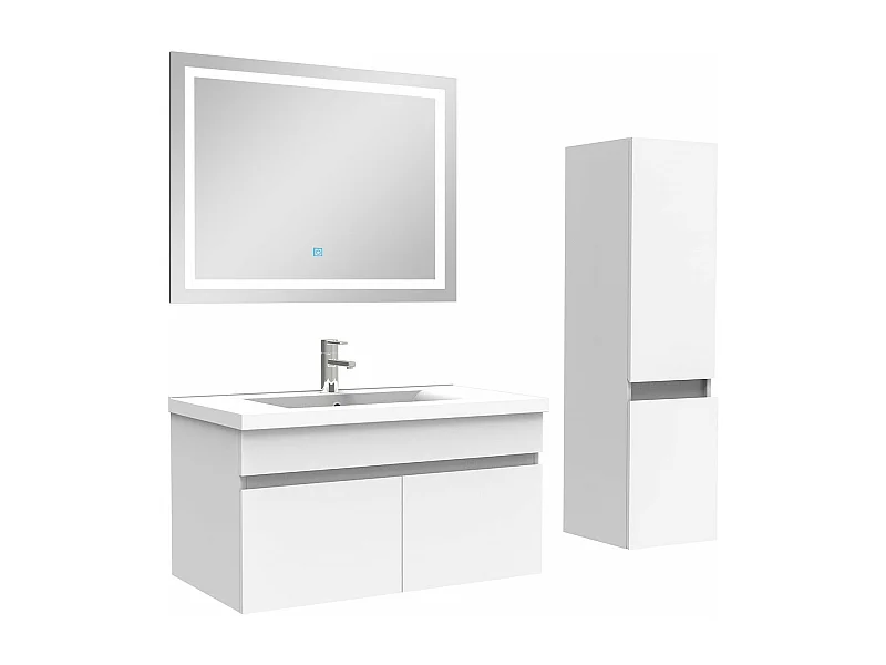 Ensemble meuble salle de Bain 80cm simple vasque avec colonne + miroir 3 couleurs blanc