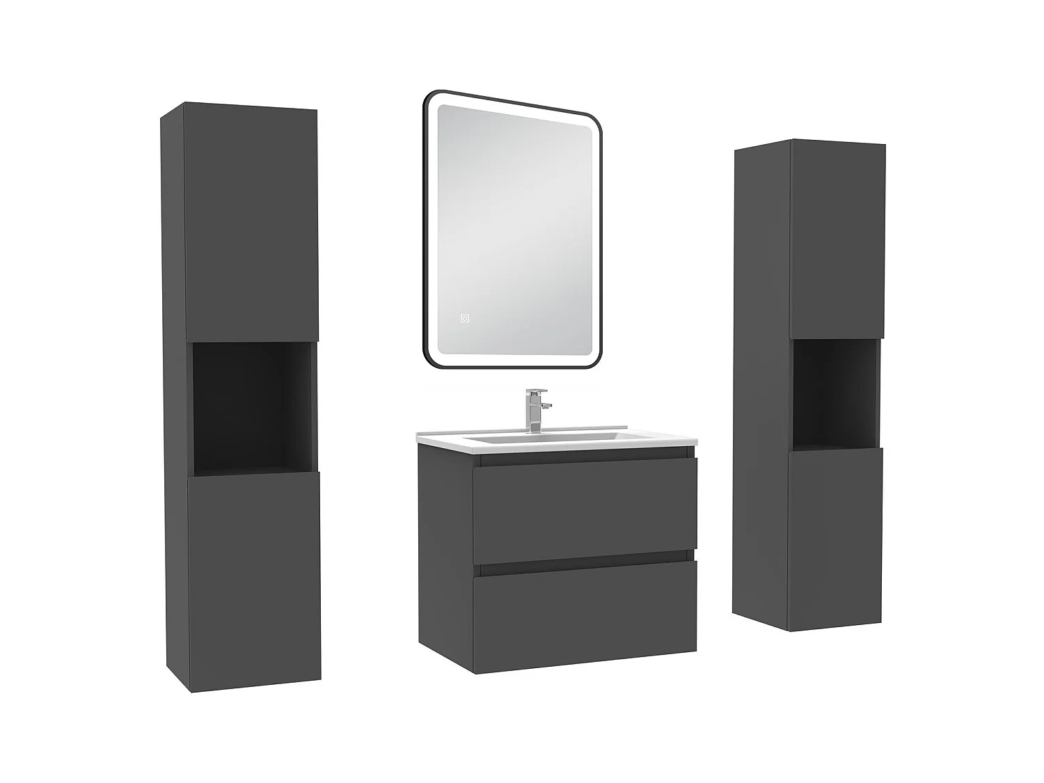 Meubles Salle de Bain 60cm avec colonne + miroir lumineux 3 couleurs + dimmable Anthracite