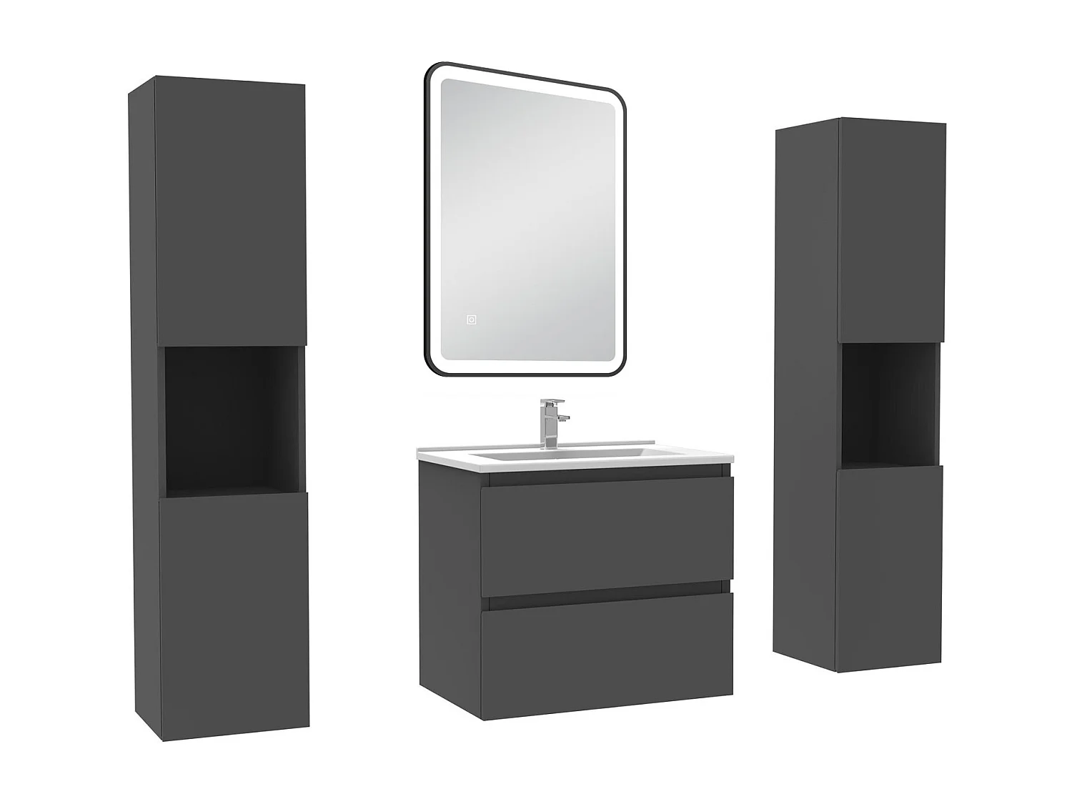 Meubles Salle de Bain 60cm avec colonne + miroir lumineux 3 couleurs + dimmable Anthracite
