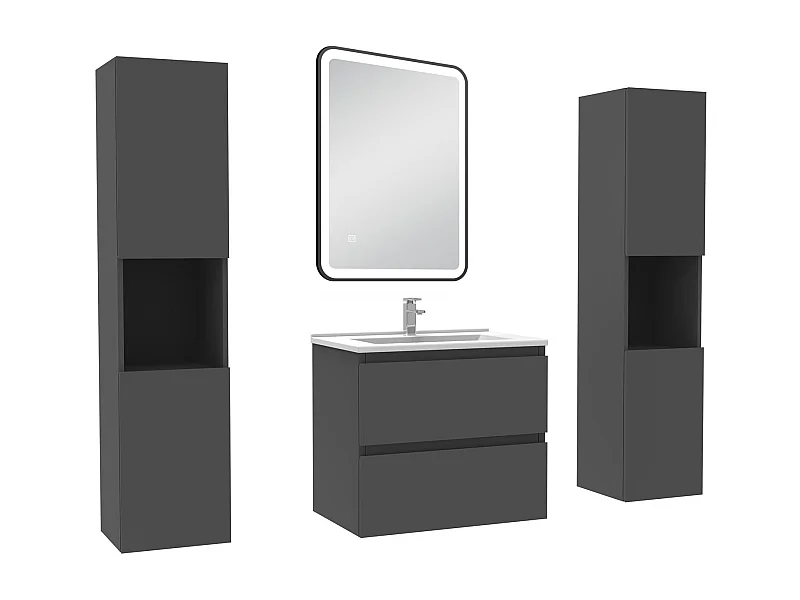 Meubles Salle de Bain 60cm avec colonne + miroir lumineux 3 couleurs + dimmable Anthracite