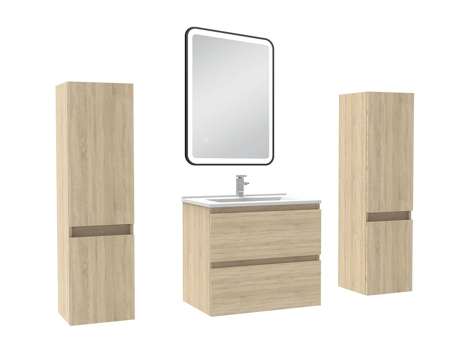 Meubles Salle de Bain 60cm avec colonne + miroir lumineux 3 couleurs Chêne Wotan