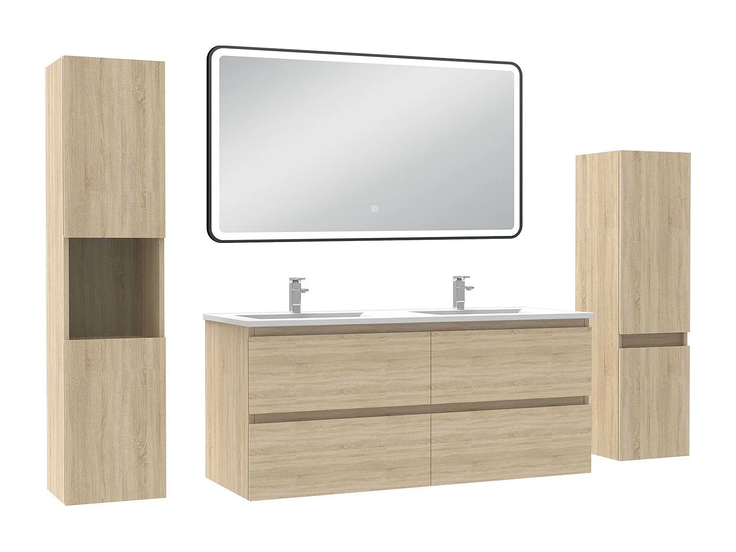 Meuble Salle de Bain 120cm avec colonne + miroir lumineux 3 couleurs Chêne Wotan