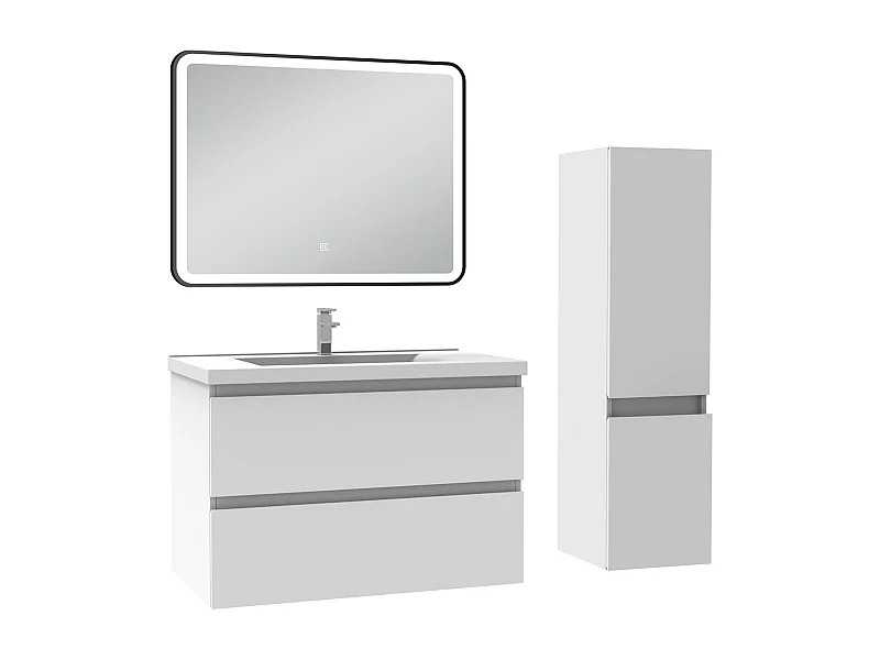 Meuble salle de Bain 80cm simple vasque avec colonne + miroir 3 couleurs blanc