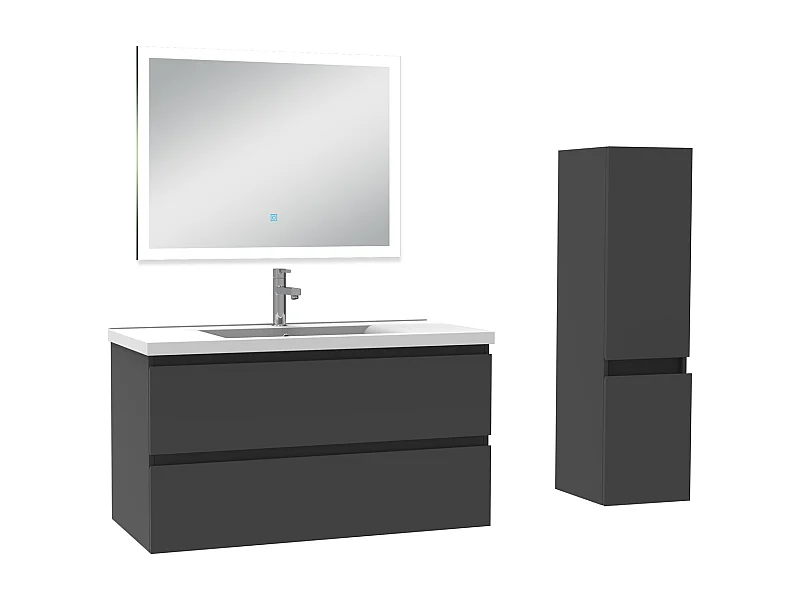 Ensemble meuble Salle de Bain 100cm avec vasque et colonne et miroir lumineux 3 couleurs anthracite