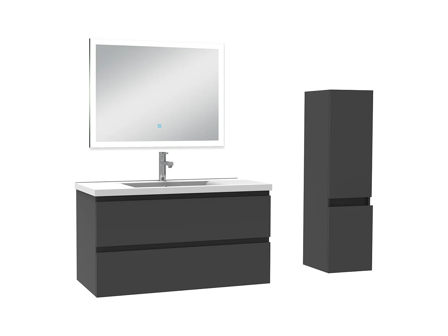 Ensemble meuble Salle de Bain 100cm avec vasque et colonne et miroir lumineux 3 couleurs anthracite