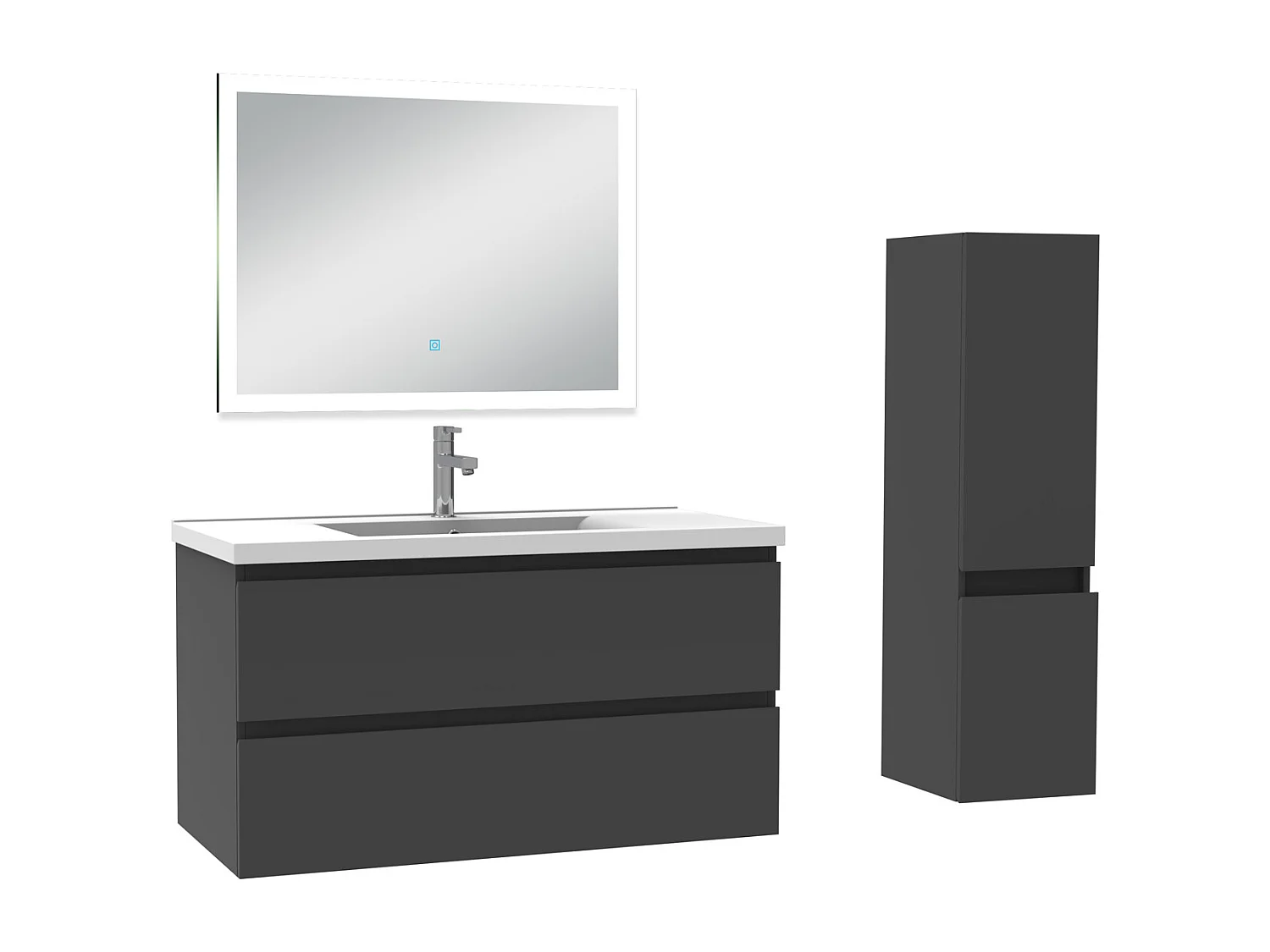 Ensemble meuble Salle de Bain 100cm avec vasque et colonne et miroir lumineux 3 couleurs anthracite
