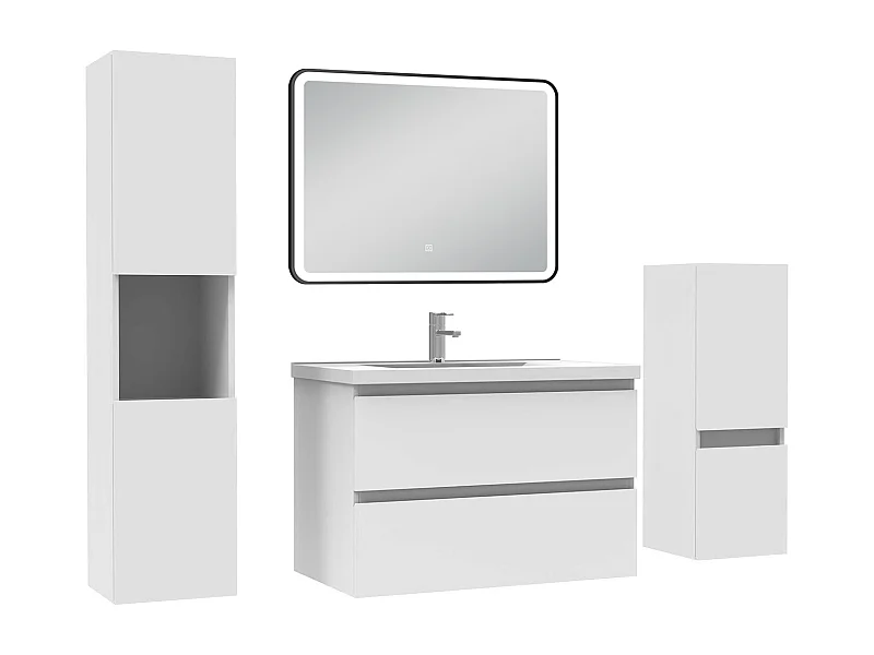Meuble salle de Bain 80cm avec colonne + miroir mural lumineux 3 couleurs blanc