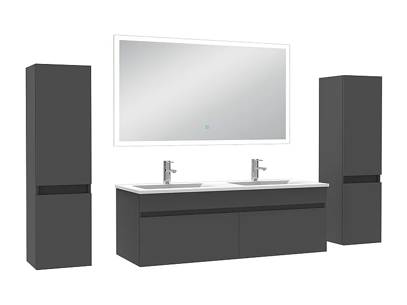 Ensemble meuble Salle de Bain 120cm avec colonne et miroir lumineux dimmable mural anthracite