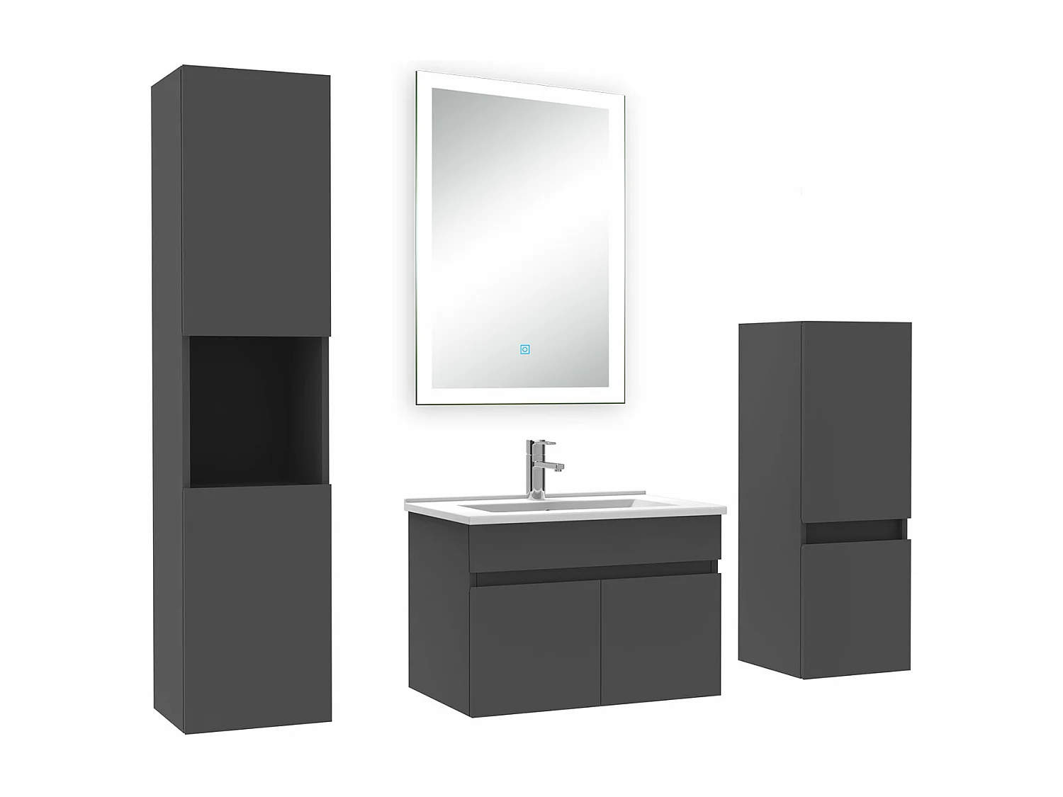 Ensemble meuble Salle de Bain 60cm avec simple vasque + colonne + miroir lumineux dimmable anthracite