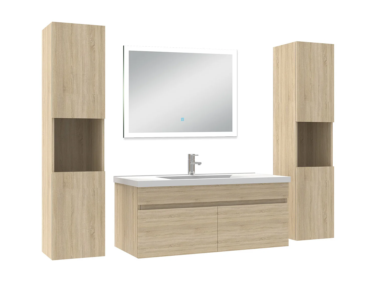 Ensemble meuble Salle de Bain 100cm avec colonne et miroir lumineux chêne wotan