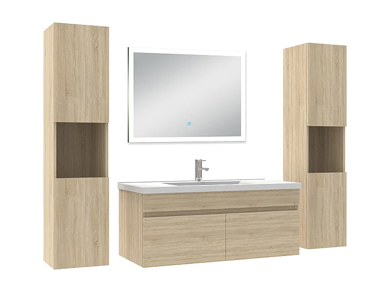 Ensemble meuble Salle de Bain 100cm avec colonne et miroir lumineux chêne wotan