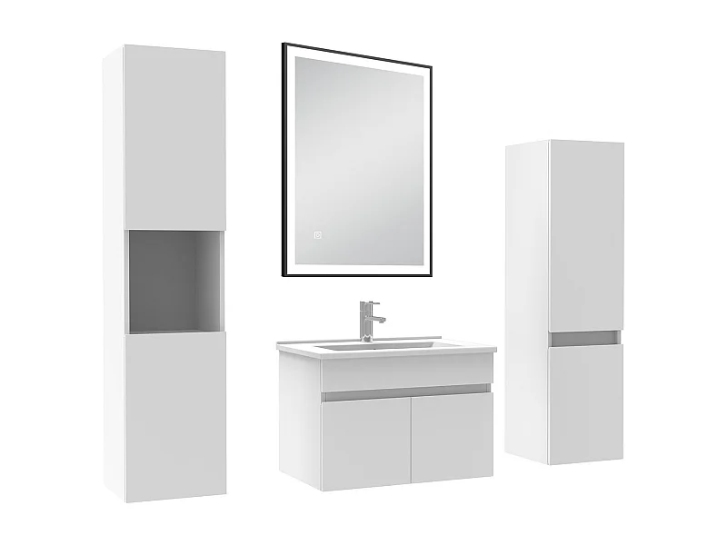 Meuble simple vasque blanc 60cm avec colonne et miroir lumineux 3 couleurs et dimmable