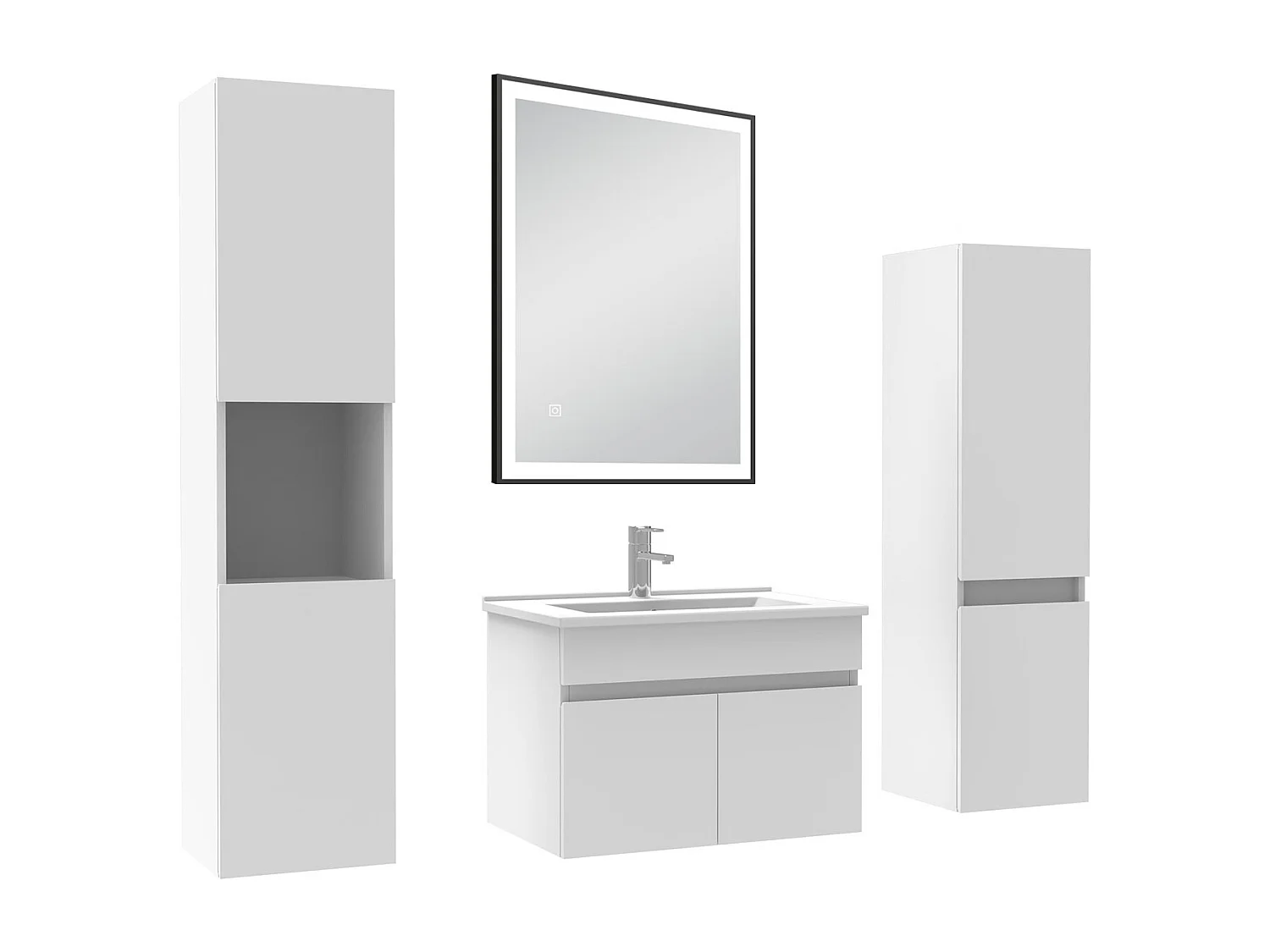 Meuble simple vasque blanc 60cm avec colonne et miroir lumineux 3 couleurs et dimmable