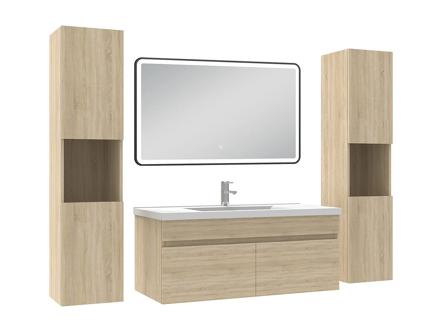 Meuble simple vasque 100cm avec colonne + miroir 3 couleurs + dimmable chêne wotan