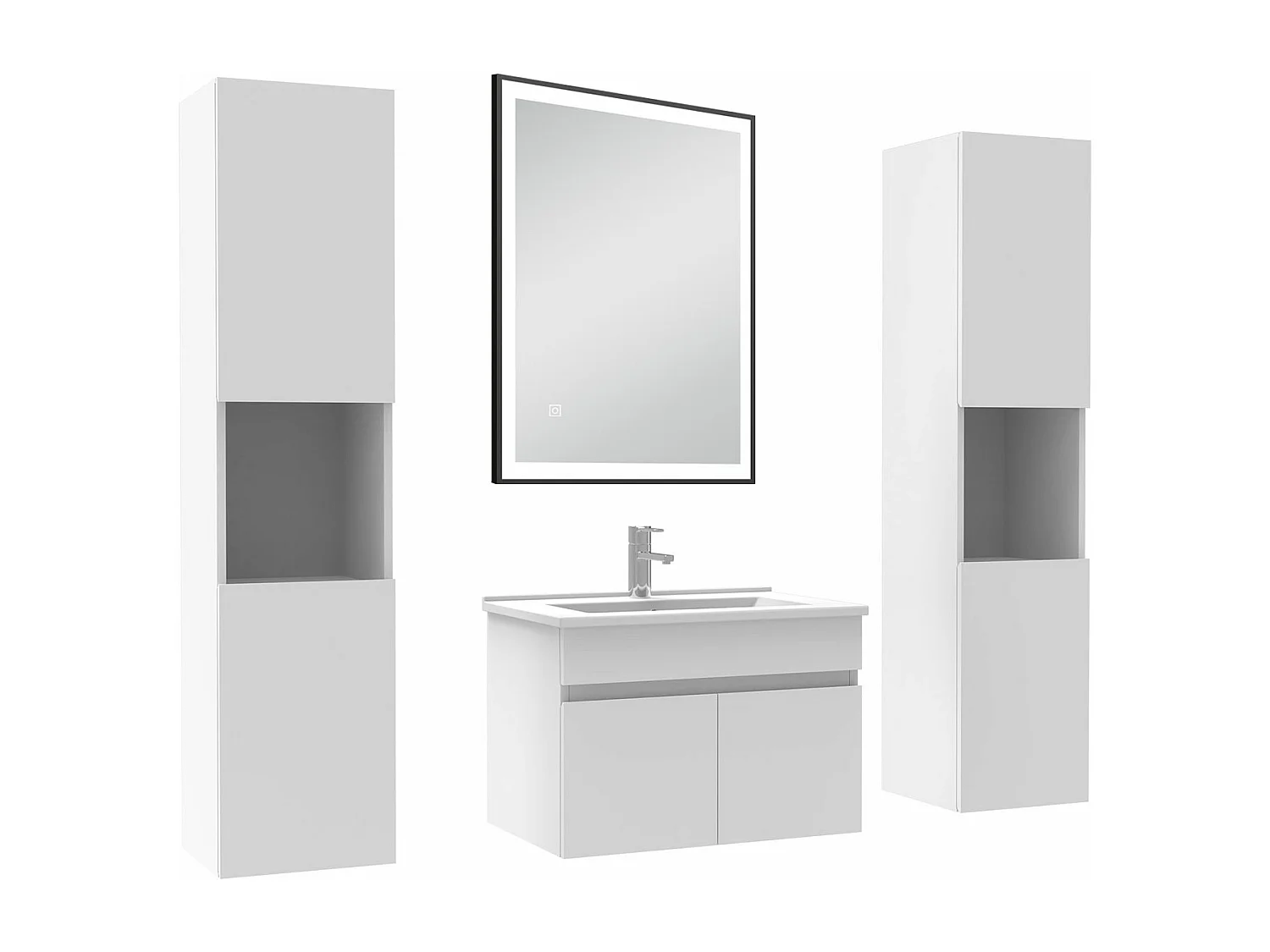 Meuble simple vasque 60cm avec colonne et miroir 3 couleurs et dimmable blanc