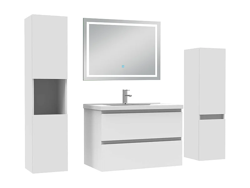 Ensemble meuble Salle de Bain 80cm avec colonne et miroir lumineux 3 couleurs blanc