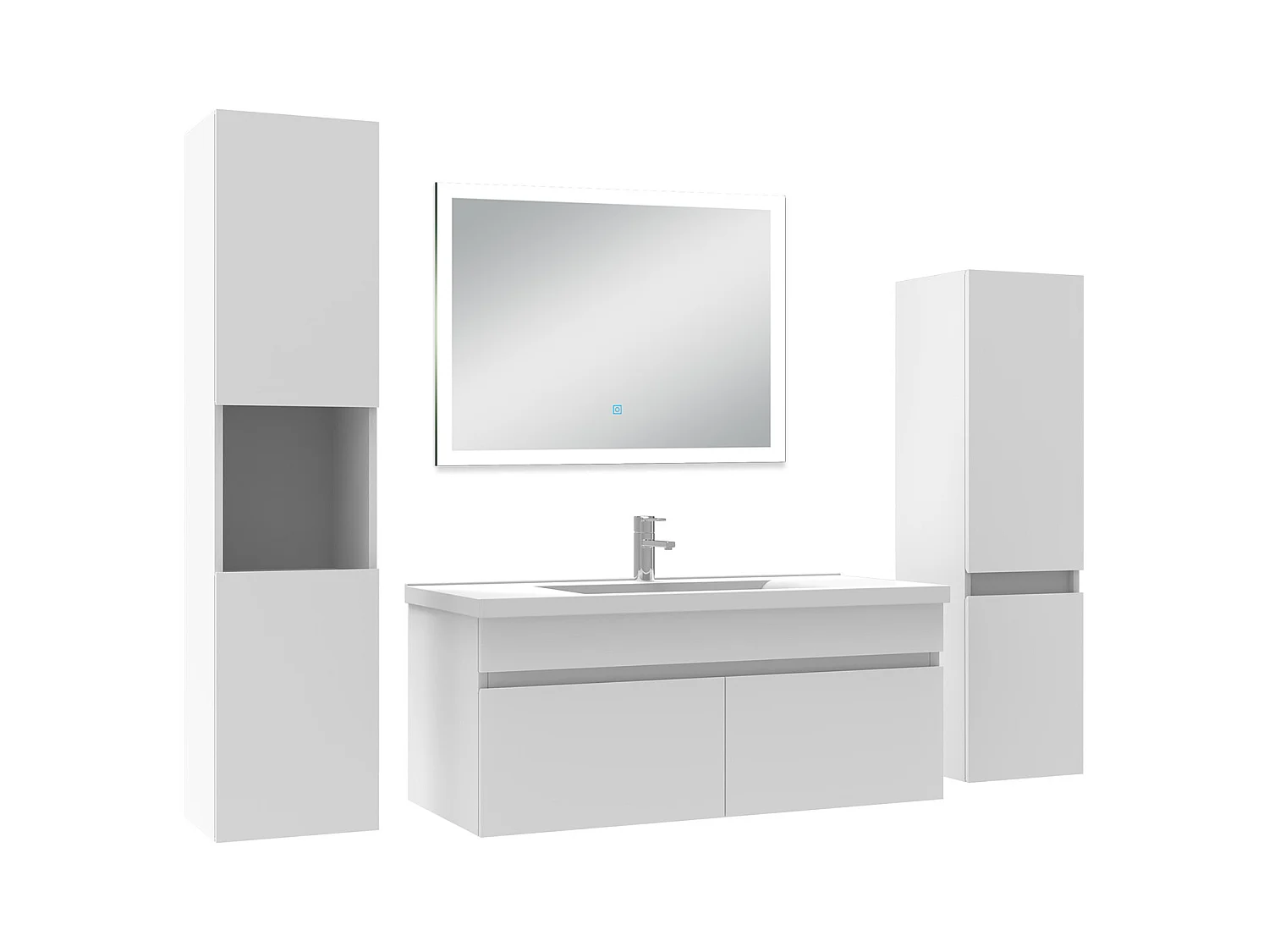 Ensemble meuble Salle de Bain 100cm simple vasque avec colonne + miroir lumineux dimmable blanc