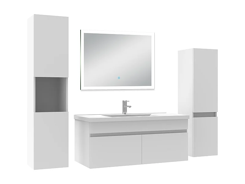 Ensemble meuble Salle de Bain 100cm simple vasque avec colonne + miroir lumineux dimmable blanc