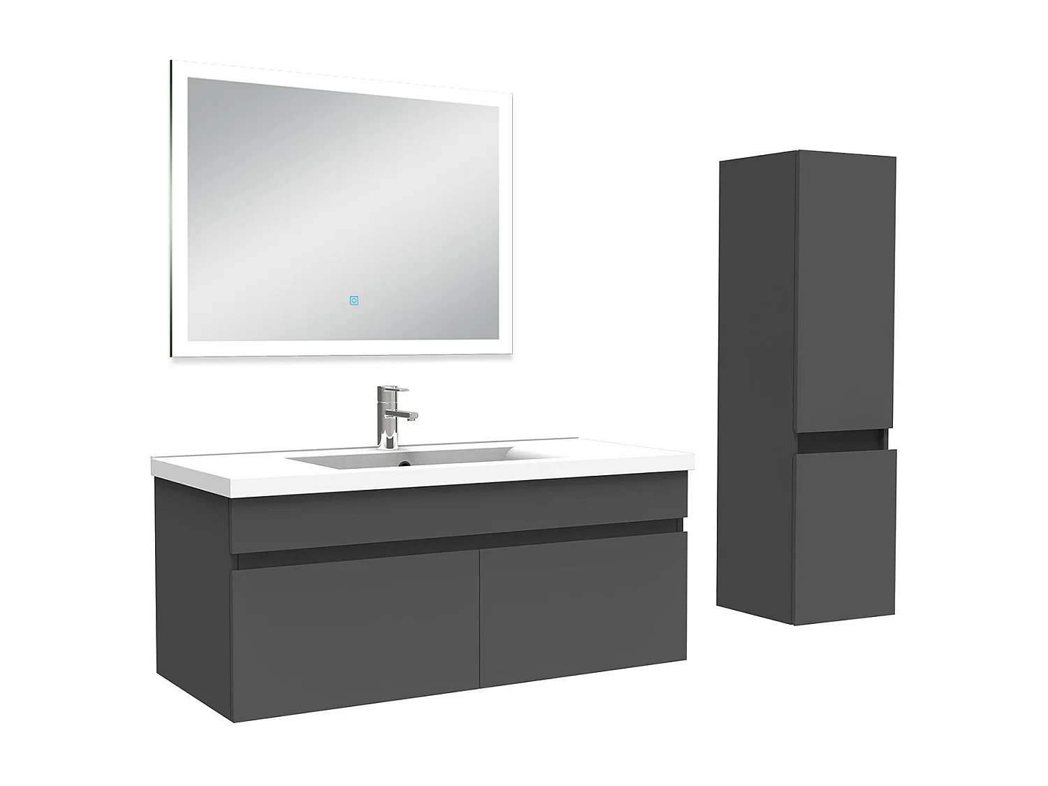 Ensemble meuble Salle de Bain 100cm avec vasque + colonne + miroir lumineux 3 couleurs anthracite