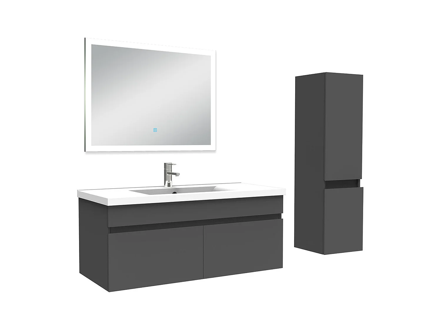 Ensemble meuble Salle de Bain 100cm avec vasque + colonne + miroir lumineux 3 couleurs anthracite