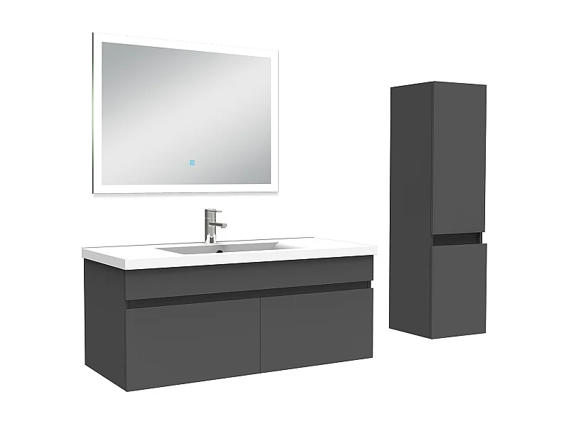 Ensemble meuble Salle de Bain 100cm avec vasque + colonne + miroir lumineux 3 couleurs anthracite