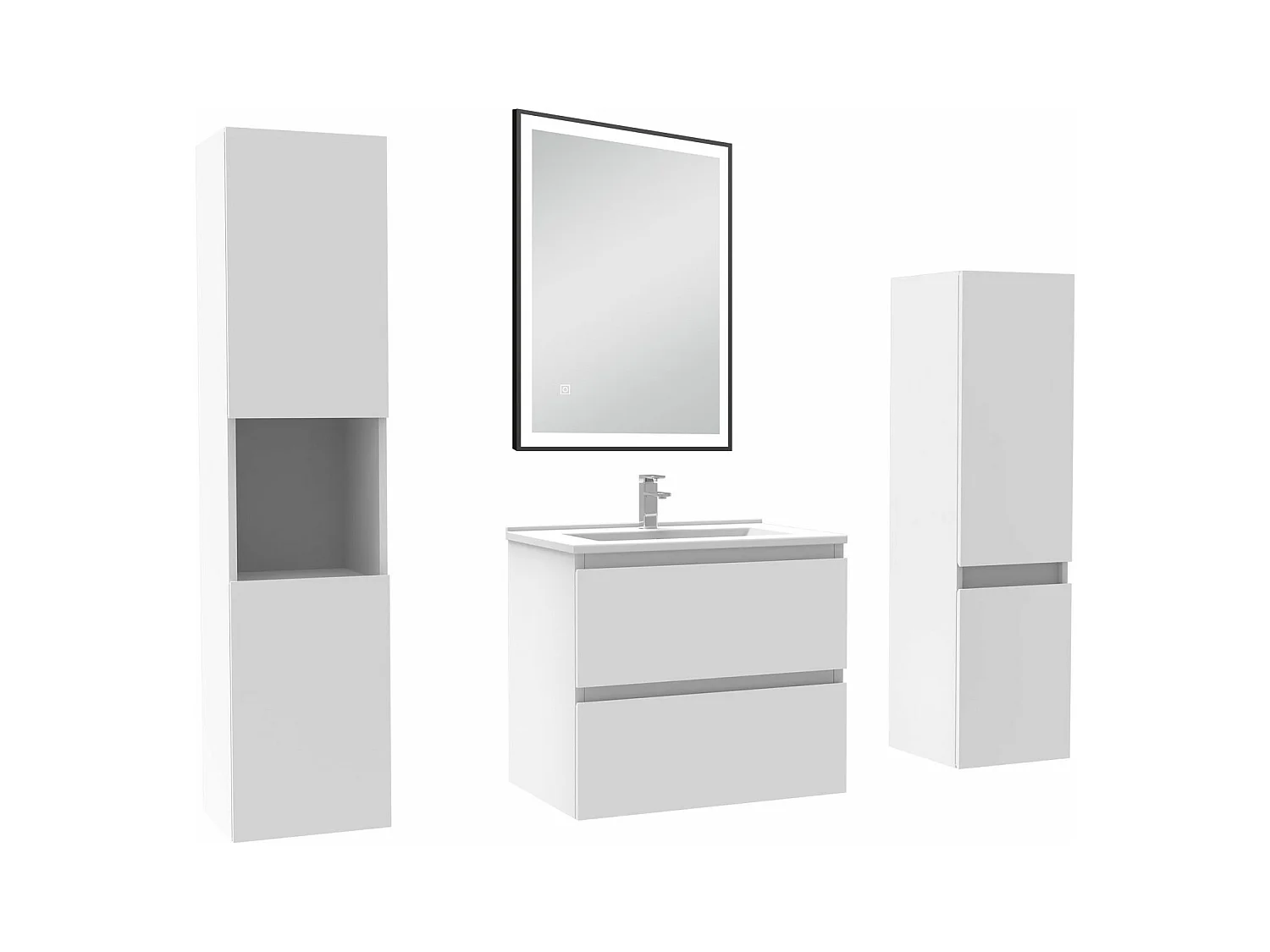 Meuble Salle de Bain 60cm avec colonne et miroir lumineux 3 couleurs blanc