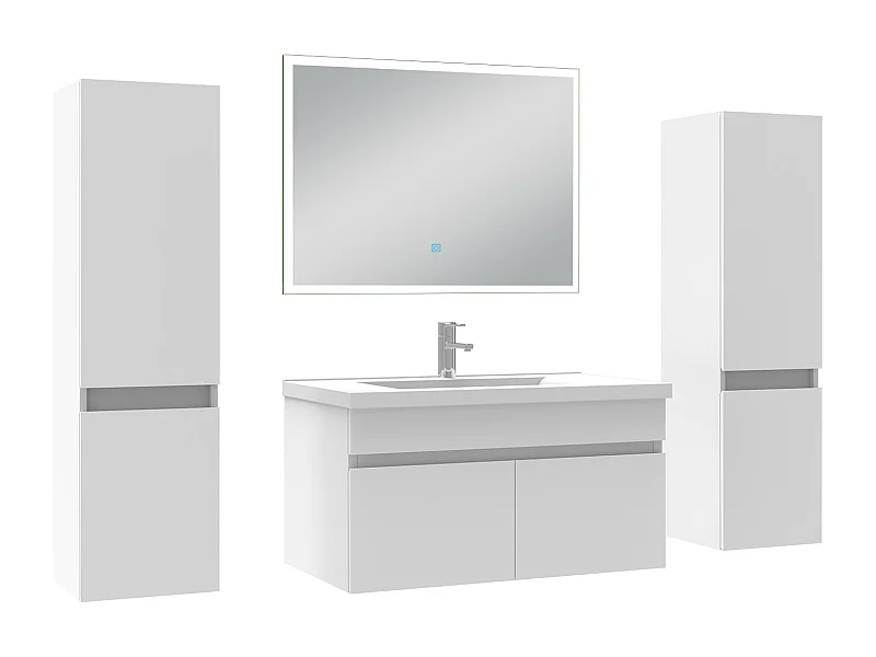 Ensemble meuble Salle de Bain 80cm avec colonne et miroir lumineux dimmable mural blanc
