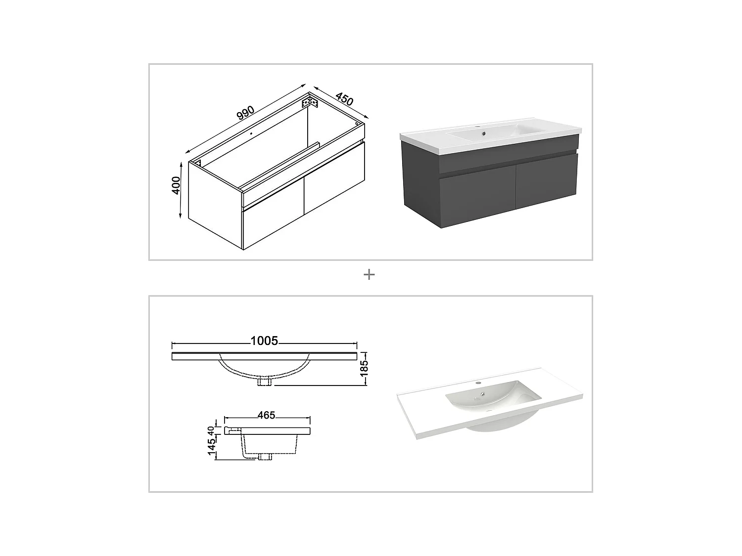 Ensemble meuble Salle de Bain 100cm avec colonne et miroir lumineux anthracite