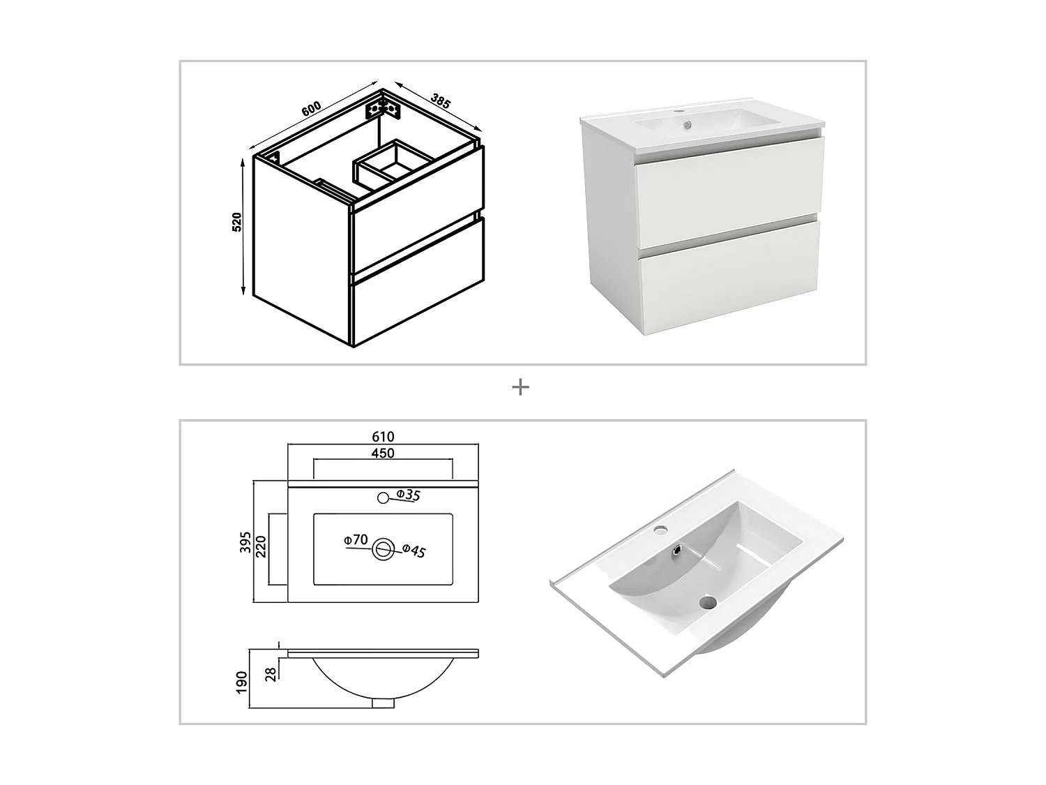 Meubles Salle de Bain 60cm avec colonne et miroir lumineux 3 couleurs et dimmable blanc