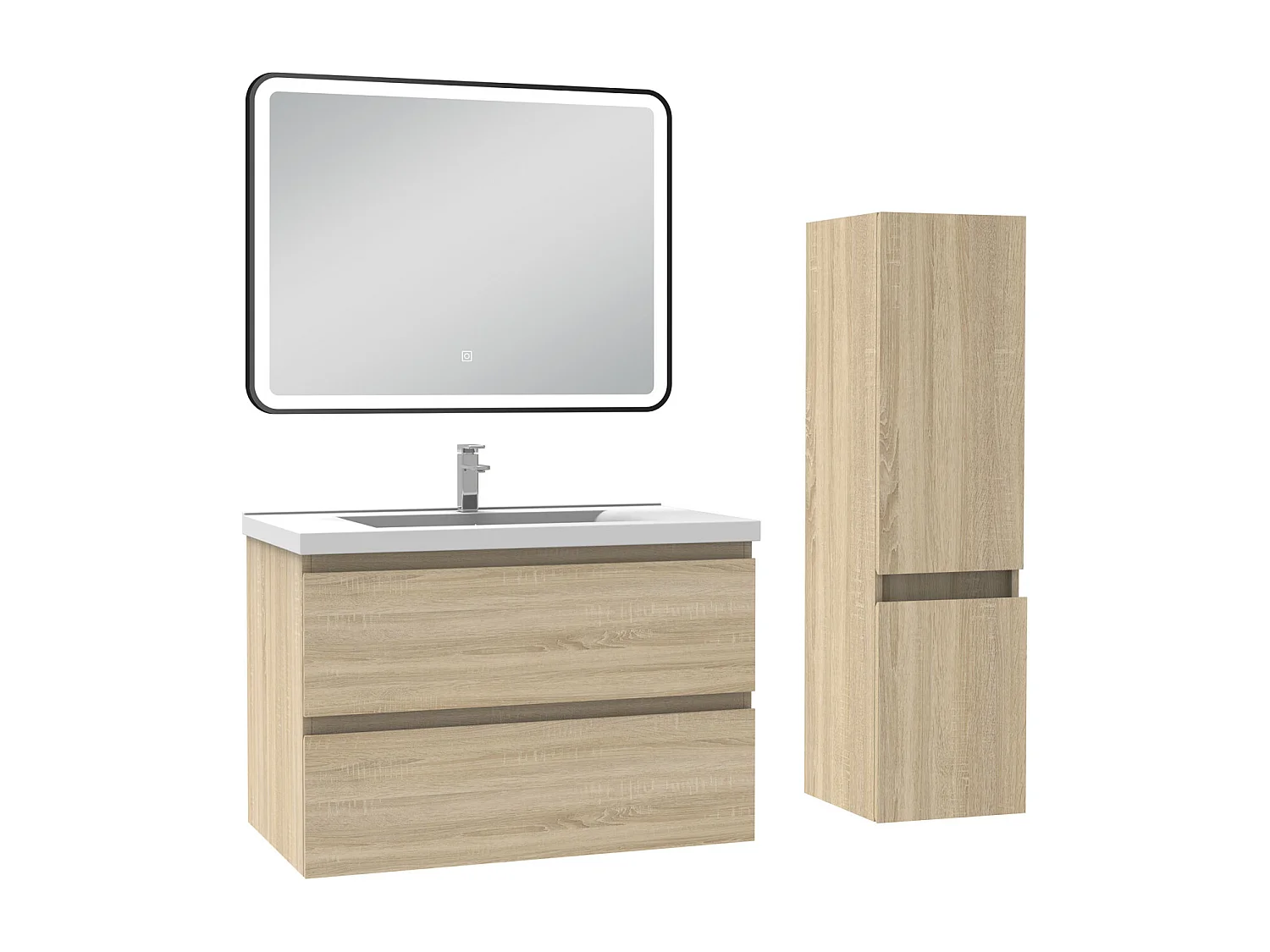 Meuble salle de Bain 80cm simple vasque avec colonne + miroir 3 couleurs Chêne Wotan