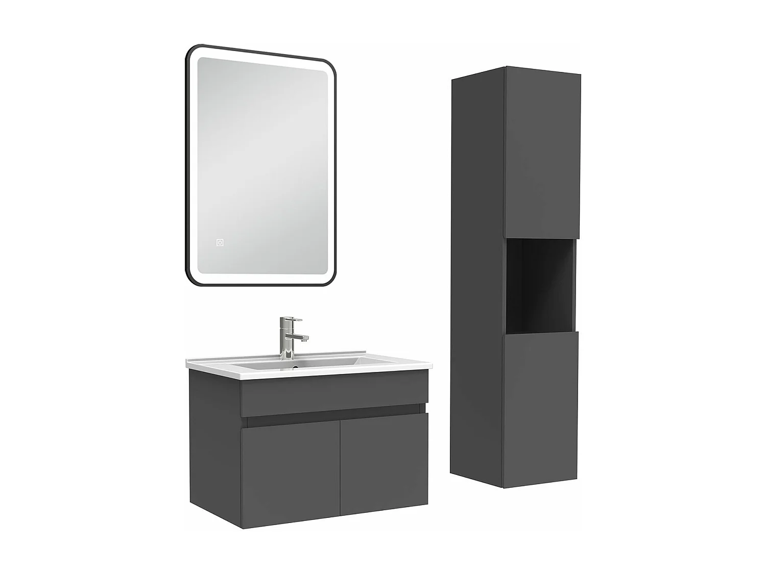 Meuble simple vasque 60cm avec colonne + miroir lumineux 3 couleurs anthracite
