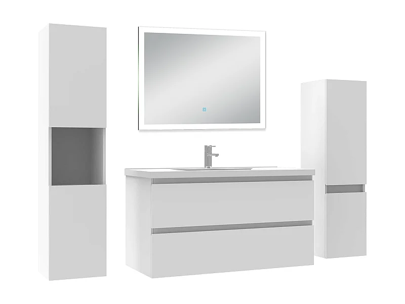 Ensemble meuble Salle de Bain 100cm simple vasque avec colonne et miroir lumineux dimmable blanc