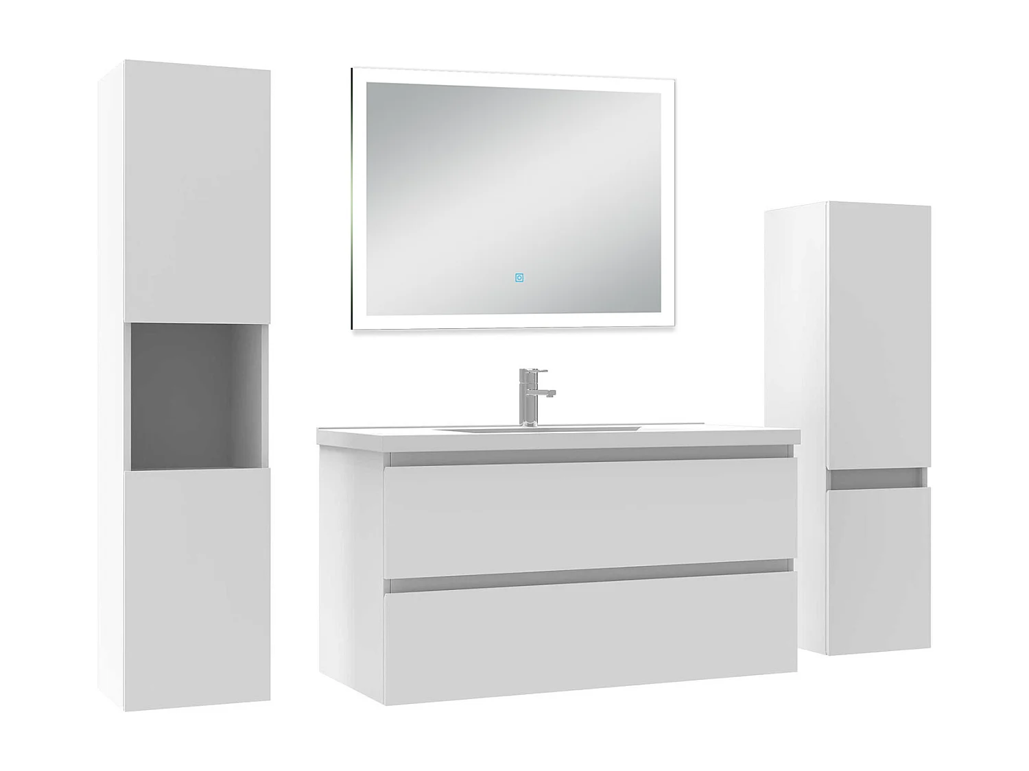 Ensemble meuble Salle de Bain 100cm simple vasque avec colonne et miroir lumineux dimmable blanc