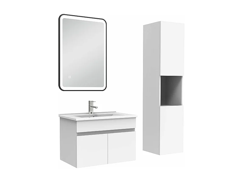 Meuble simple vasque 60cm avec colonne + miroir lumineux 3 couleurs blanc