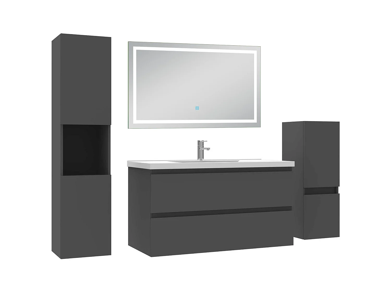 Ensemble meuble salle de Bain 100cm avec colonne et miroir mural lumineux 3 couleurs Anthracite