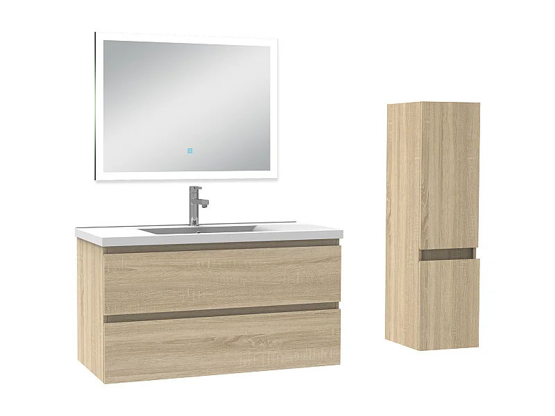 Ensemble meuble Salle de Bain 100cm avec vasque et colonne et miroir lumineux 3 couleurs chêne wotan