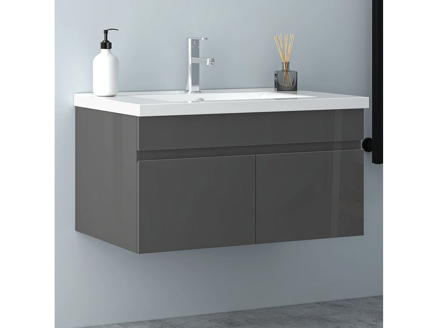 AICA Badezimmerschränke 80cm Keramik Waschtisch mit Unterschrank - Hochglanz Dunkelgrau Hängeschrank - MARO