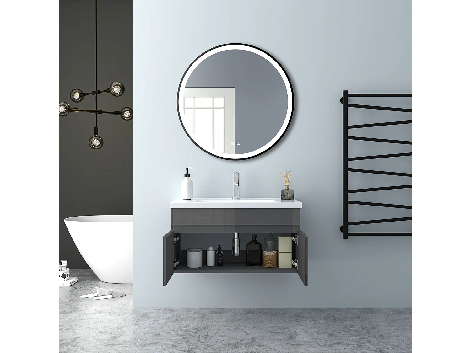 AICA Badezimmerschränke 80cm Keramik Waschtisch mit Unterschrank - Hochglanz Dunkelgrau Hängeschrank - MARO