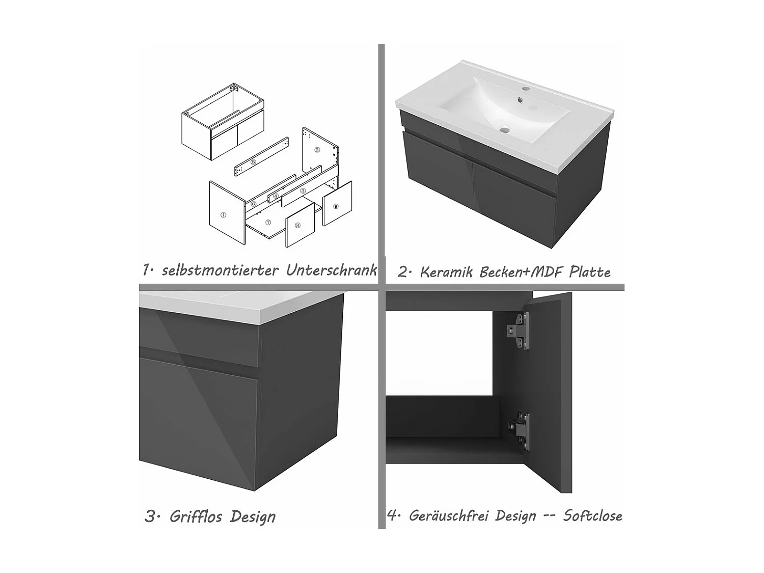 AICA Badezimmerschränke 80cm Keramik Waschtisch mit Unterschrank - Hochglanz Dunkelgrau Hängeschrank - MARO