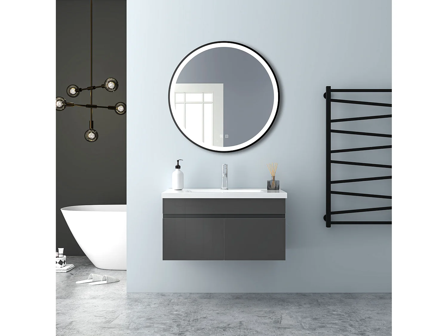 AICA Badezimmerschränke 80cm Keramik Waschtisch mit Unterschrank - Hochglanz Dunkelgrau Hängeschrank - MARO