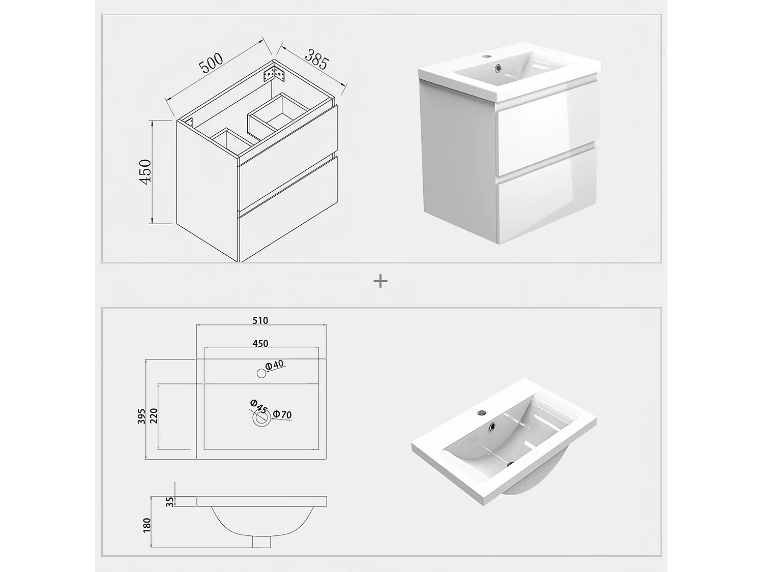 AICA Waschbeckenunterschrank hängend 50cm Keramik Waschtisch mit Unterschrank - Hochglanz Weiß - CINIC
