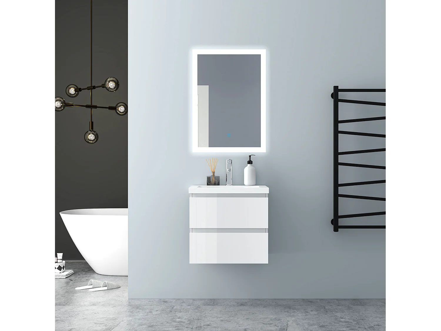 AICA Waschbeckenunterschrank hängend 50cm Keramik Waschtisch mit Unterschrank - Hochglanz Weiß - CINIC