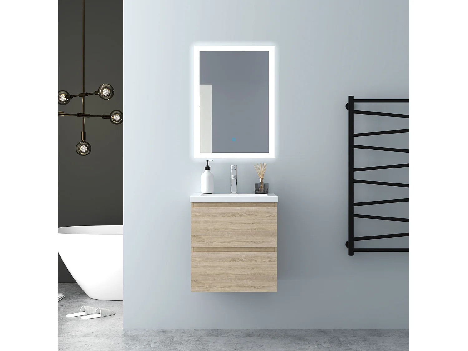 AICA Waschbeckenunterschrank hängend 50cm Mineralguss Waschtisch mit Unterschrank - Eiche Matt - CINIC