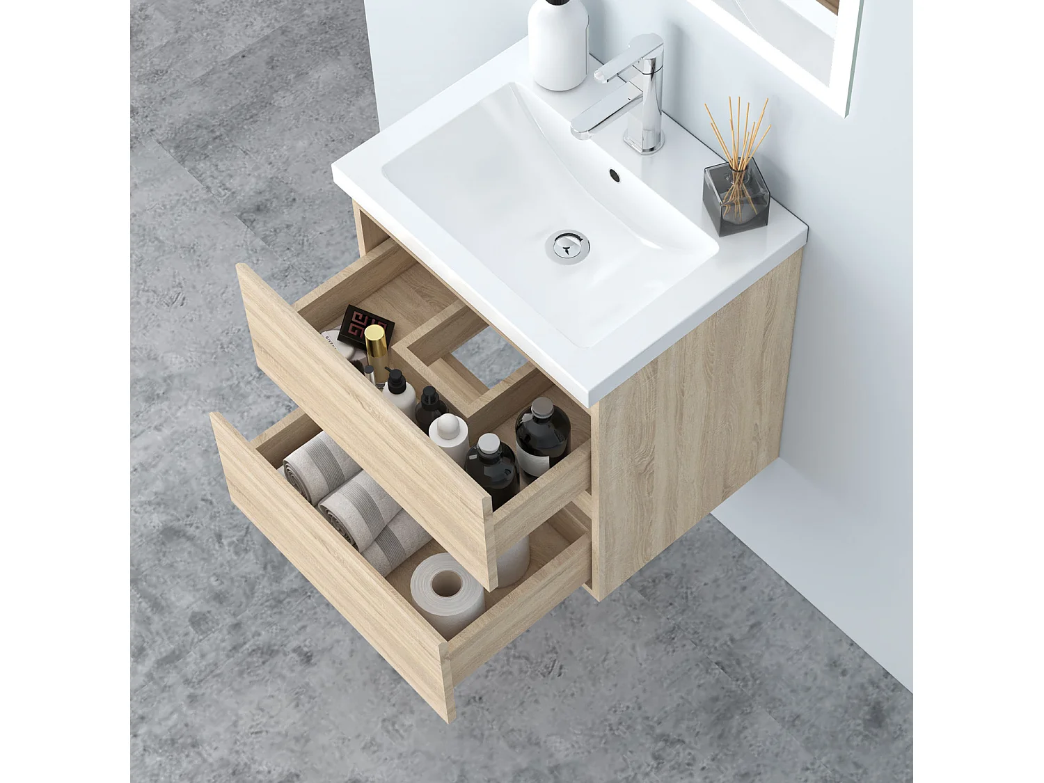 AICA Waschbeckenunterschrank hängend 50cm Mineralguss Waschtisch mit Unterschrank - Eiche Matt - CINIC