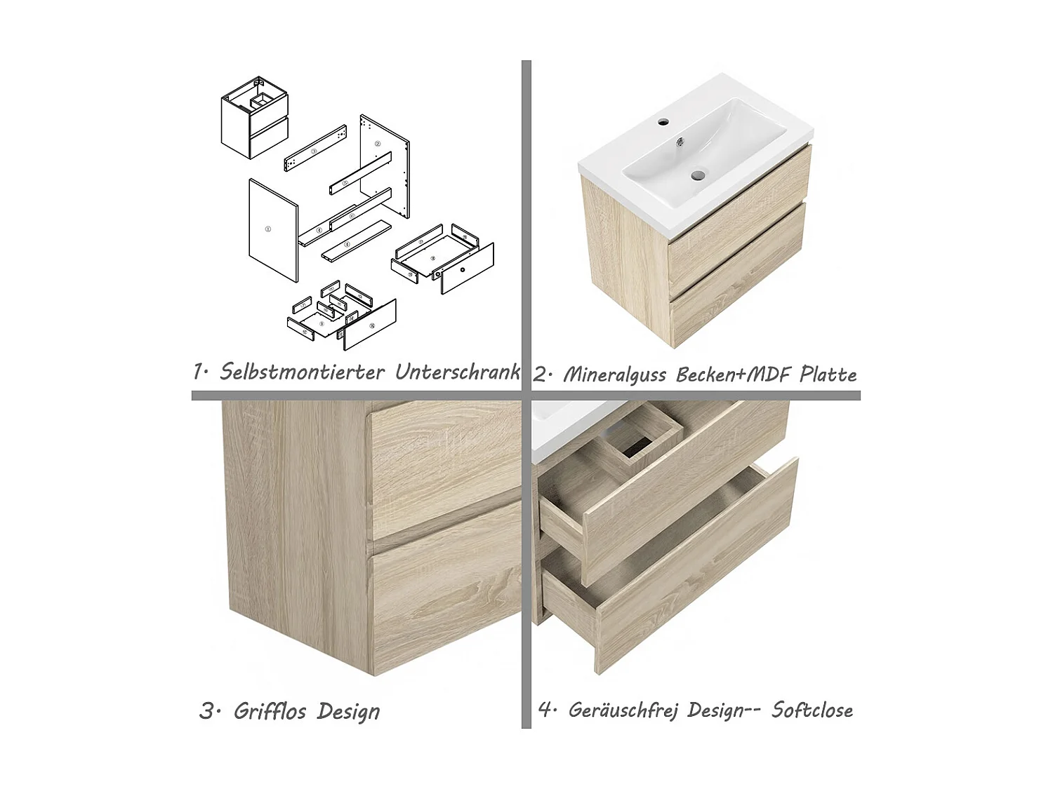 AICA Waschbeckenunterschrank hängend 50cm Mineralguss Waschtisch mit Unterschrank - Eiche Matt - CINIC