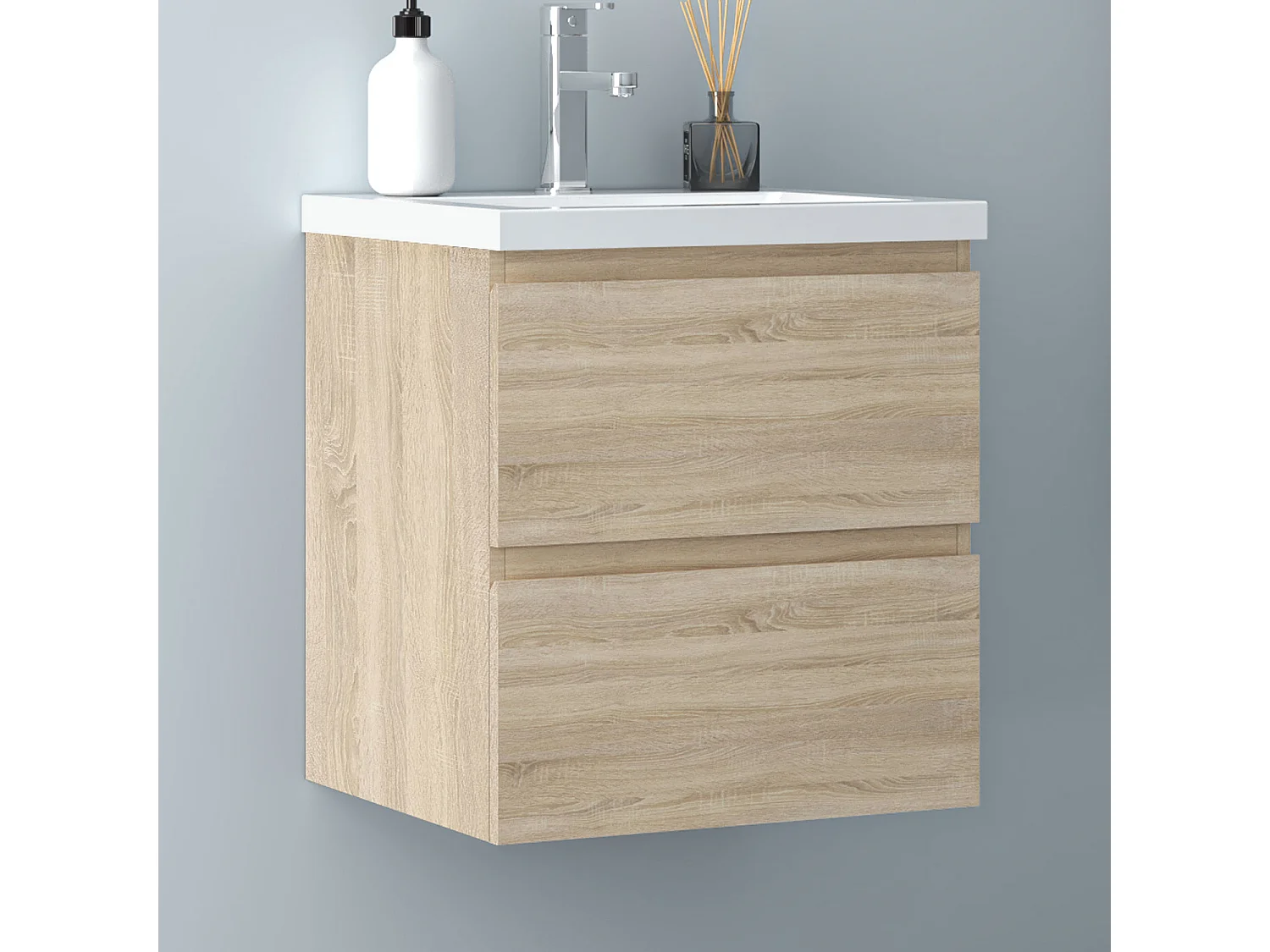 AICA Waschbeckenunterschrank hängend 50cm Mineralguss Waschtisch mit Unterschrank - Eiche Matt - CINIC