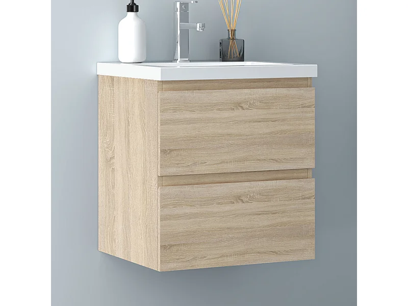 AICA Waschbeckenunterschrank hängend 50cm Mineralguss Waschtisch mit Unterschrank - Eiche Matt - CINIC