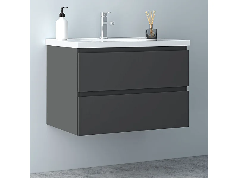 AICA Waschbeckenunterschrank hängend 80cm Keramik Waschtisch mit Unterschrank - Dunkelgrau Matt - CINIC