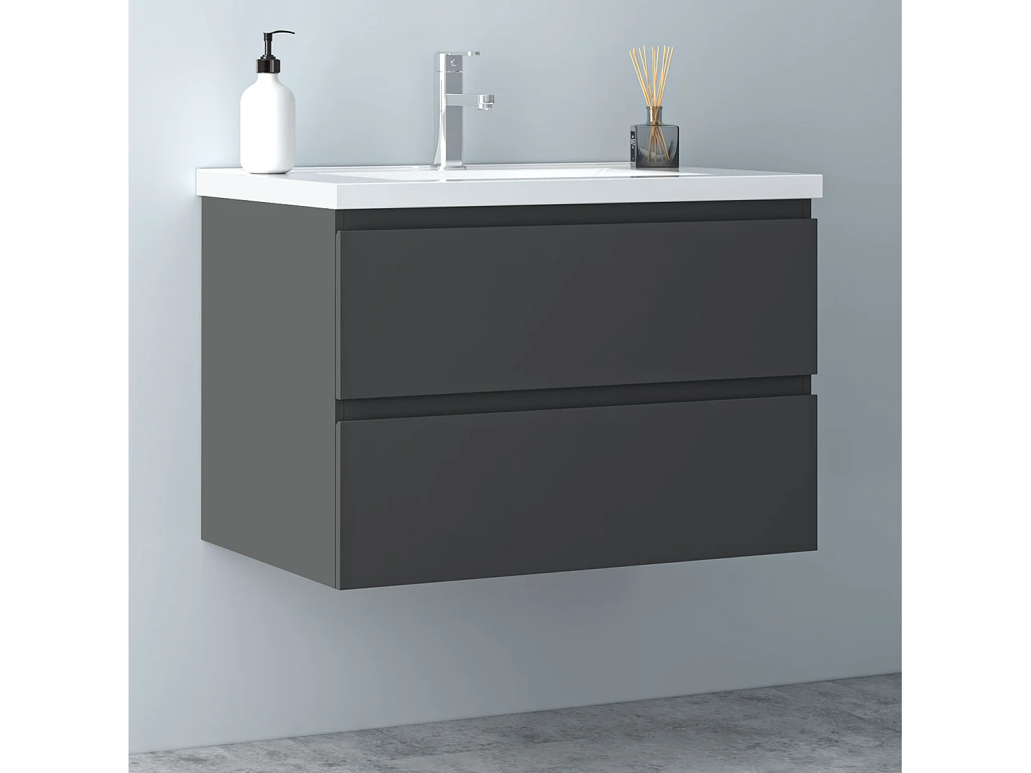 AICA Waschbeckenunterschrank hängend 80cm Keramik Waschtisch mit Unterschrank - Dunkelgrau Matt - CINIC